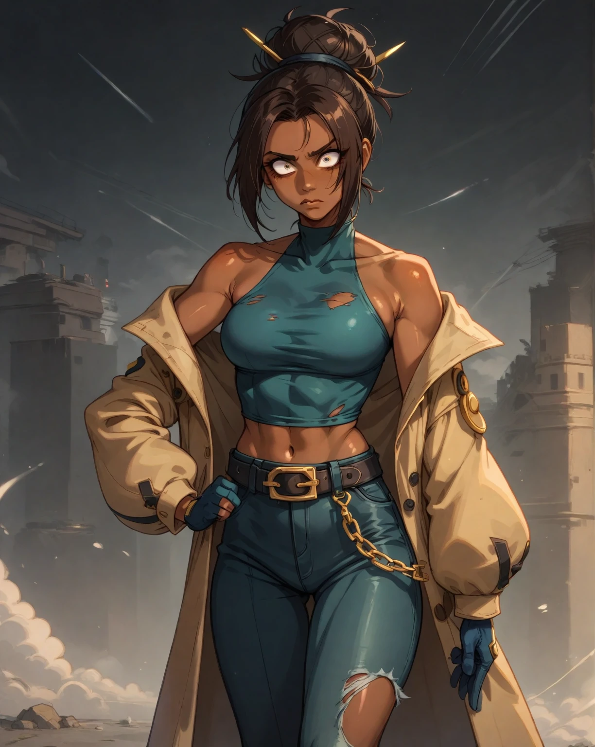 "The girl of Shangri-la", (, a Dark-skinned female with Reddish-brown skin, a prominent convex nose, black sharp round eyes, Dark blackish-brown hair in a dusty, messy bun, a green and blue halter top, blackish and slightly torn dress skirt adorned with a belt of the same color over some strained and ripped tights; cobalt blue gloves and the coat she acquired from a fallen opponent foot soldier): Dark protagonists, wanted Rebel, futuristic, magic city, city-wide celebration, carrying dual light shotel swords), : (Style of BlazBlue ), 8k, high res, high-detailed art, detailed mixed media layering, uHd, Cryengine5, fighting game, key visual 