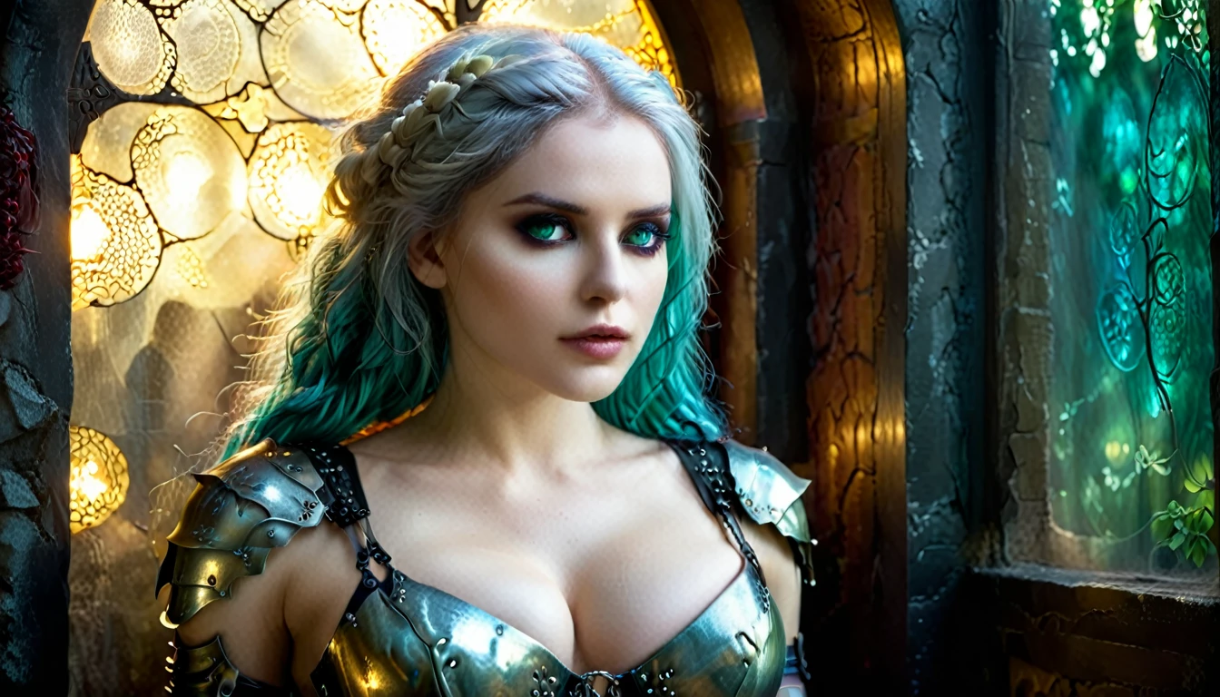 (Cinematic Frame: Realistic, Fine Drawing, Lots of Details) (((ultra realistic))) Photo, masterpiece, top quality, (pale skin), (Ultra detailed face and eyes), 1 girl, Adult, woman, dark fantasy, horror, evil, death, dramatic, lighting, shading, ((necromancer, mage, goth, white hair:1'3)) ((detailed face, eyes, , waist, black gown:1.1)) ((skeleton armor, bone armor, pale skin:1.2)), (Natural breasts) Lighting), (The play of light and shadows in the dark of night), depth of field, bokeh, (special attention to skin detail: 1.2), Detailed leather texture, detailed skin pores. (((Erotic atmosphethe frame:1.2))), (Color range - midnight black, ox blood red, toxic green and Grape purple tones), UDR, ((Film grain)), ((rays)), (Glare), ((full body portrait:1.2)). Every intricate detail is painstakingly captured, showcasing the artist's mastery in creating a hyperdetailed and realistic portrayal. EdobHorrorLandscape, Nia, turquoise color eyes, Ombre blend of shimmering silver and celestial blue hair, Greek and Russian mix ethnicity
