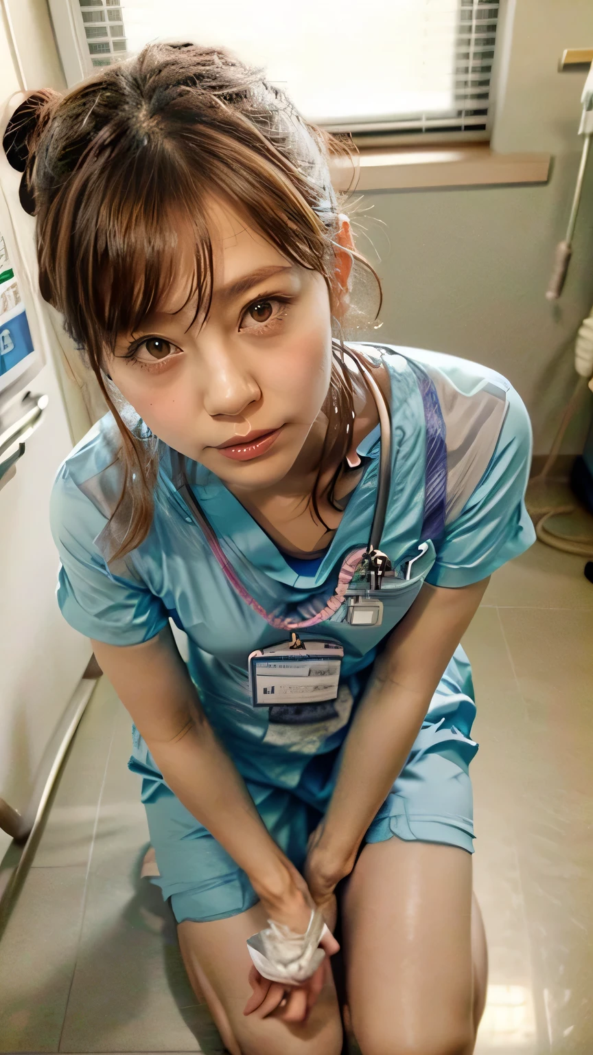 A nurse woman leaning forward to peer at a patient in a hospital、(Realistic、Like a photograph、Live Action、Realistic, RAW Photos, Best image quality: 1.4), Single-lens reflex camera、RAW Photos, Highest quality, Realistic, Very detailed CG Unity 8K wallpaper, Written boundary depth, Cinematic Light, Lens flare, Ray Tracing, Realistic background、hospital:1.4、(nurse:1.4、(Medical scrub:1.5)、Breast flash、Cleavage)、((ultra high density skin))、 woman,Cute Japanese Nurse、((Leaning forward、Kneel、((whole body:1.5))、Inspection:1.1、Serious expression))、short hair:1.2、tie your hair with a hair clip、I like that style、stylish、Very detailed、Pay attention to the details、Perfect outfit、(White skin)、Front view、Anatomically correct body、Accurate fingering、Accurate Arm、Accurate feet、Super detailed face