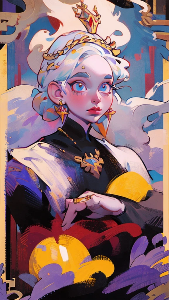 Portrait of proud beautiful albino woman with detailed braided medieval hairstyle (white hair), wearing detailed medieval gown (red and black colours), with gold accessories and gold tiara, medieval queen, medieval woman,queen,game of thrones style,daenerys targaryen style, high quality, very detailed,hd quality, masterpiece,(purple eye colour)