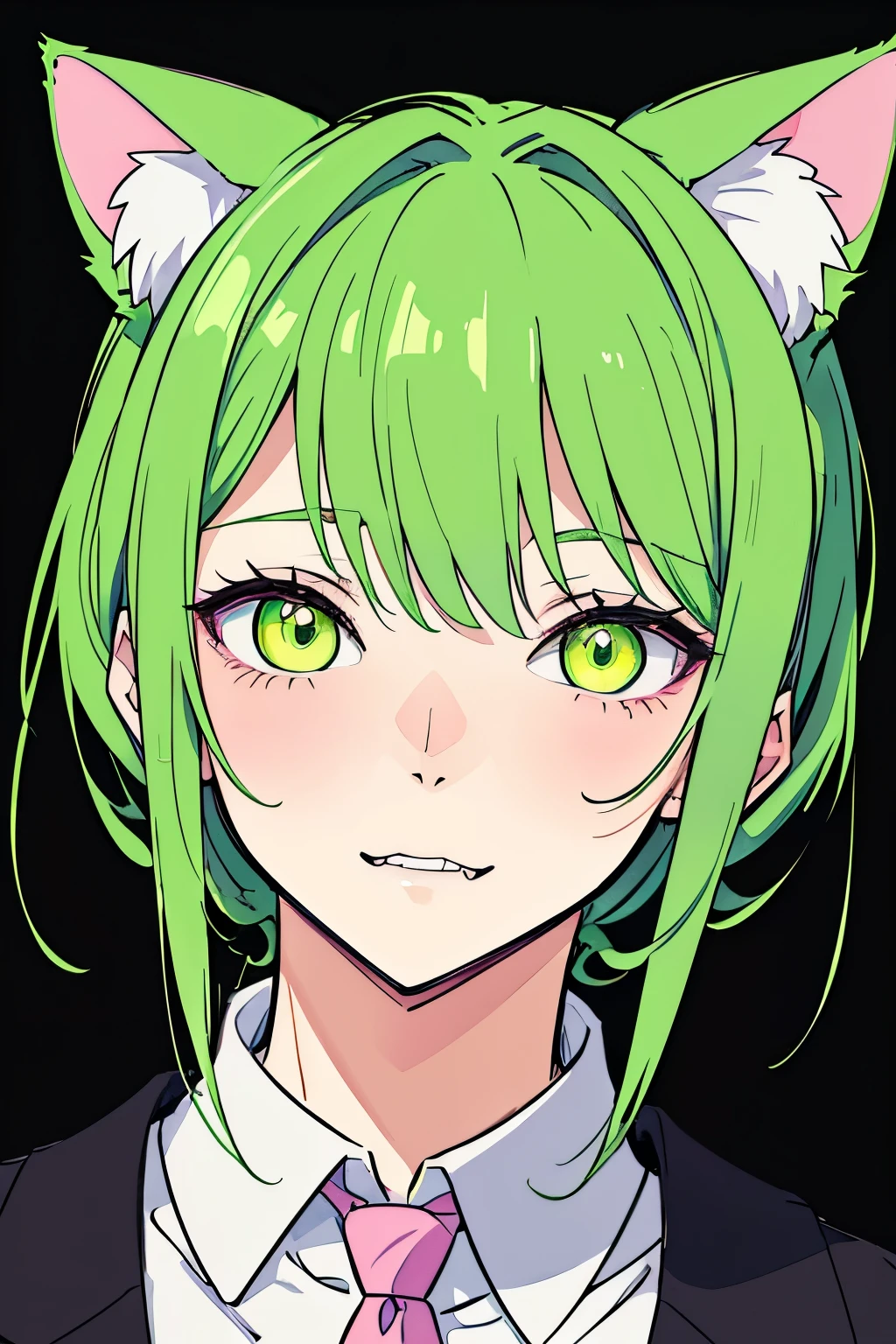 drawing of a cat with green eyes and a pink bow, an anime drawing inspired by Leiko Ikemura, tumblr, furry art, girl with cat ears, anime catgirl, portrait of ((mischievous)), colored drawing, colored sketch, female fursona, character portrait of me, with symmetrical head and eyes, color drawing, fursona!!!!