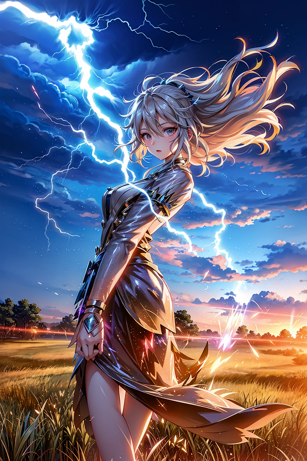 anime girl in a field with lightning in the sky, goddess of lightning, splashes of lightning behind her, with lightning, detailed lighting and thunder, she is attracting lightnings, lightning fantasy magic, japanese lightning goddess, anime lighting, Detailed digital anime art, lightning, volumetric lightning, lightning!!, with lightning bolts, epic lightning, Anime Epic Artwork