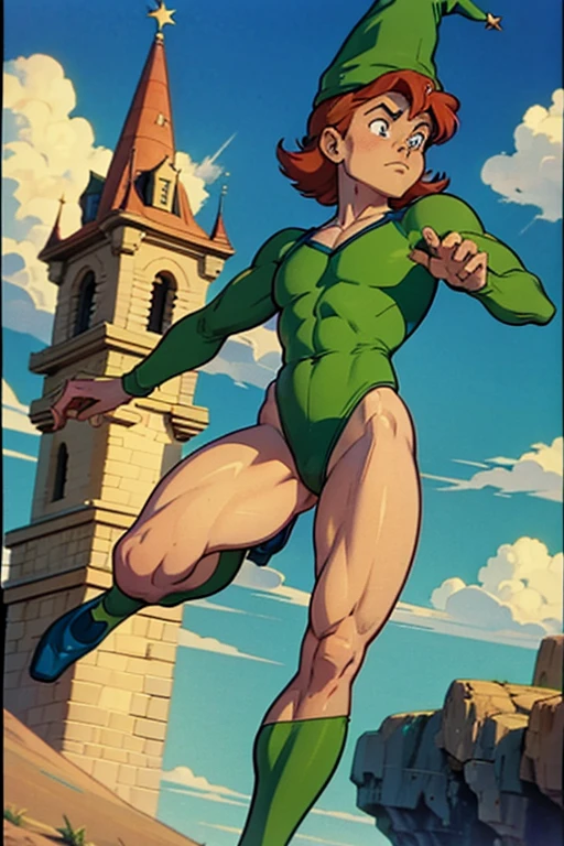 a redhead cartoon character, green leotard, very muscular, 14 year old male wizard, 1980s cartoon, animated episode still, Presto (((mad))), ((Wears a wizard hat))