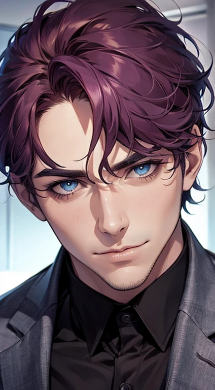 (best quality,4k,8k,highres,masterpiece:1.2),ultra-detailed,(realistic,photorealistic,photo-realistic:1.37),1 man,31 years old,mature man,very handsome,without expression,smile,short purple hair,blue eyes,penetrating gaze,perfect face without errors,imposing posture,businessman,office background,cinematic lighting,hdr image