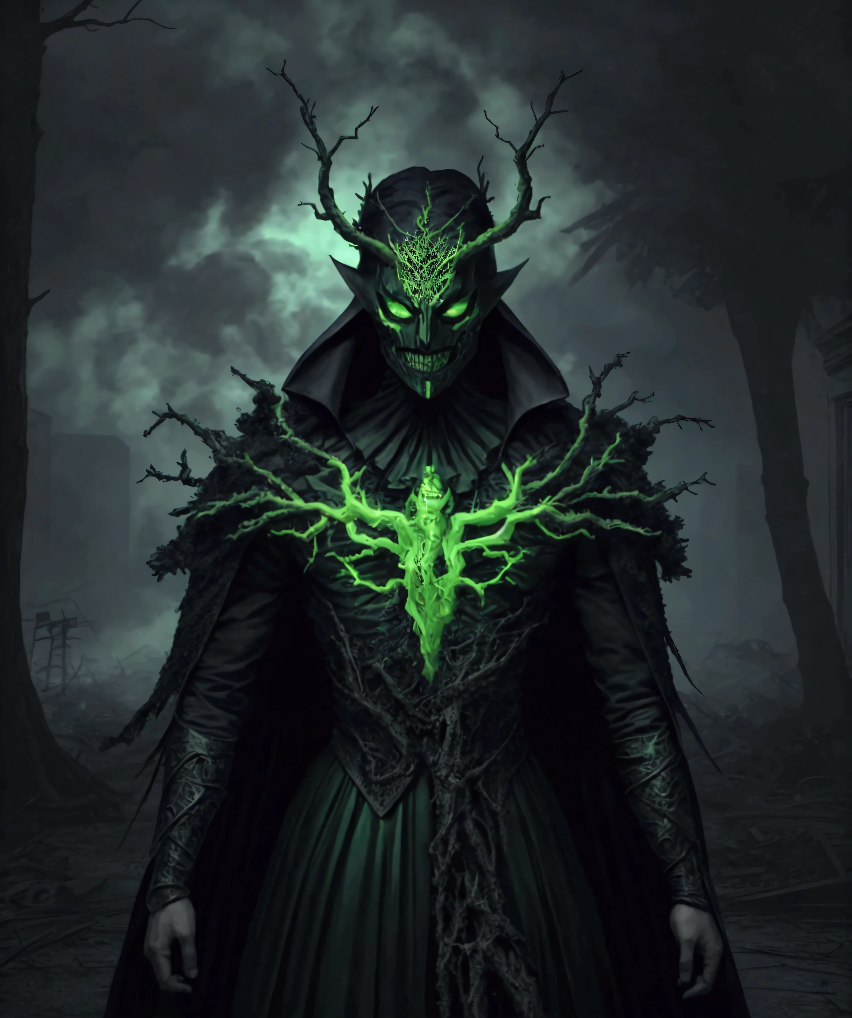 (extremely detailed 8k wallpaper), a medium shot photo of Grim dressed as a scary masked tree green tree-supervillain in a tree green body made of tree branches glowing body from marvel, theme, intricate, high detail, dramatic, destroyed buildings and blue smoke in the background