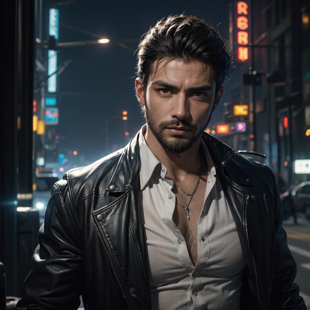 A color photo of Cleylton Mendes Passos from Linhares, Espirito Santo, Brazil as a (lawyer) in a city, sexy, hairy chest, white shirt, short beard and mustache , photorealist, intricate, highly detailled, analog, by Constance Gordon-Cumming, intricate detail, skin details and skin pores, trending on deviantart, portrait of gigachad, photorealist, (well drawn grey eyes),award photography, canon, 35mm, trending on artstation, modelshoot, analog, blade runner, vivid and buzzling, cyberpunk, volumetric light, studio light, armored leather, chips and laces, flashing lights, rainning, digital painting, concept art, by Greg Rutkowski and midjourney