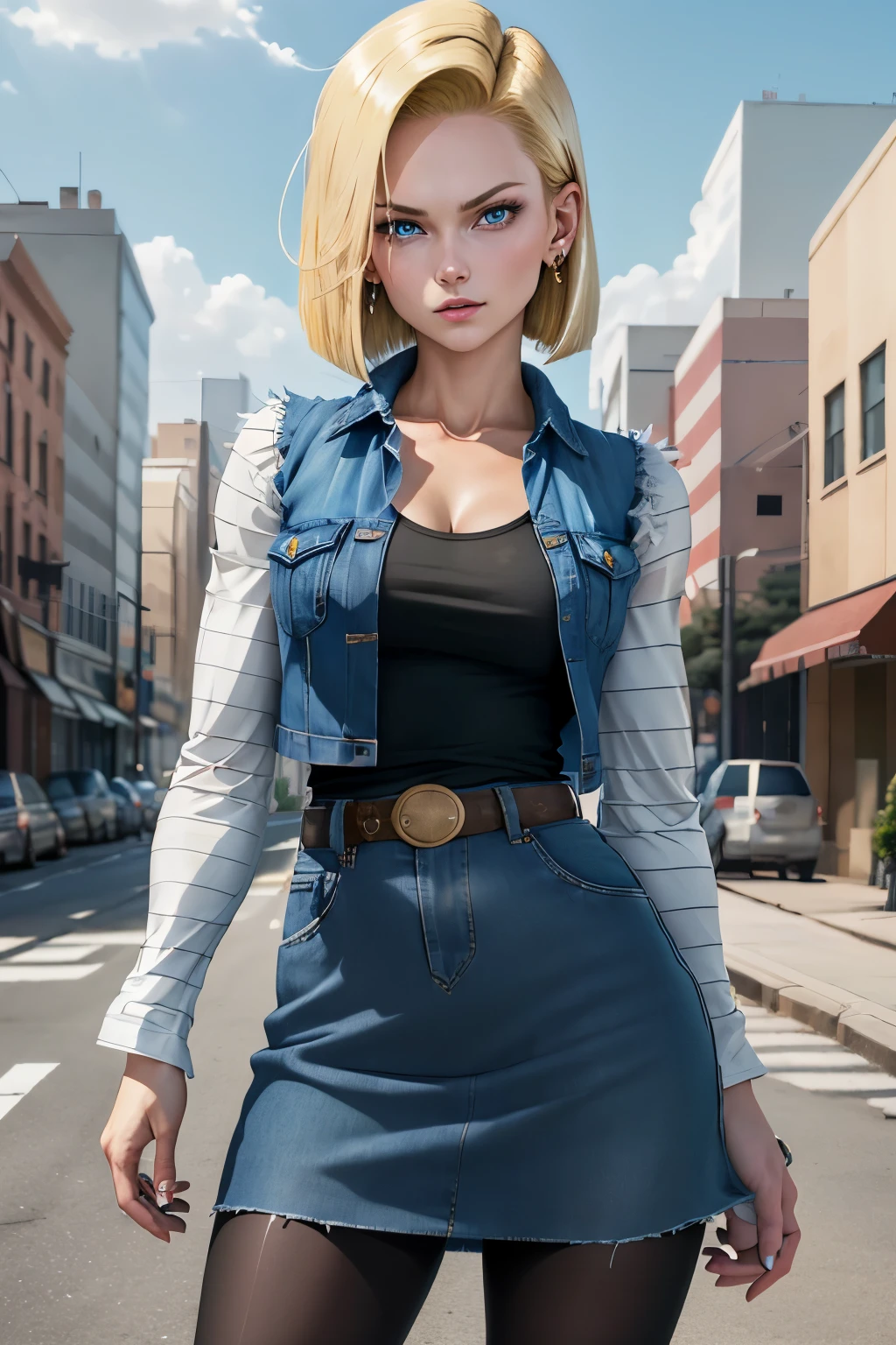 Best Quality, High resolution, Y18, 1 girl, Android 18, Alone, by rubio, blue eyes, pointed eyes, short hair, earrings, jewelry, denim dress, open vest, black pantyhose, black shirt, denim skirt, Striped long sleeves, blue skirt, medium breasts, cowboy shot, Street, (Externally expanded chest: 1.2)