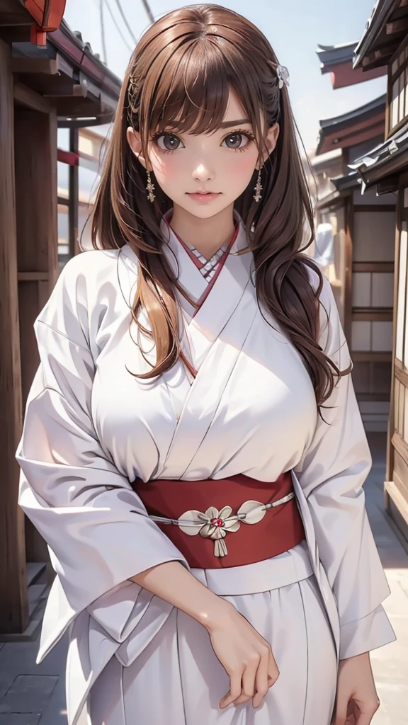 ((looking at viewer:1.5)),((1girl:1.5),curvy,,beautiful breasts,large breasts,pale skin,(erect nipples)),((long hair),(thin hair:1.8),(straight hair:1.5),(Swept bangs:1.5),(extra light coppery amber hair:1.5),(hair over one eye:1.2)),((realistic),8k,ultra HD,high resolution,best quality,masterpiece,(Sense of presence:1.5),(Dynamic:1.5),(bold:1.5)),((clothed:1.5),(white japanese clothes:1.5))