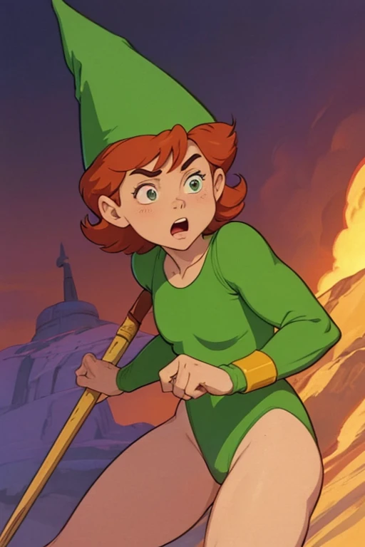 a redhead cartoon character, green leotard, very muscular, 14 year old male wizard, 1980s cartoon, animated episode still, Presto (((mad))), ((Wears a wizard hat))