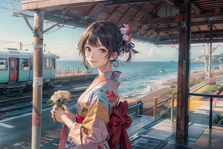 Train platform with ocean view,(Enoshima Electric Railway),((Shichirigahama Station)),Holding a bouquet, With flowers, Wearing a colorful yukata, (Wear a rainbow-colored kimono),One cute girl, (masterpiece, Highest quality, Official Art, Very detailed CG ユニティ 8k 壁紙), Very detailed), japanese related, Eyes on the Flower,(In kimono), A gentle gaze,Happy looking mouth,