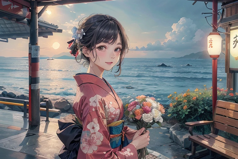 Train platform with ocean view,(Enoshima Electric Railway),((Shichirigahama Station)),Holding a bouquet, With flowers, Wearing a colorful yukata, (Wear a rainbow-colored kimono),One cute girl, (masterpiece, Highest quality, Official Art, Very detailed CG ユニティ 8k 壁紙), Very detailed), japanese related, Eyes on the Flower,(In kimono), A gentle gaze,Happy looking mouth,