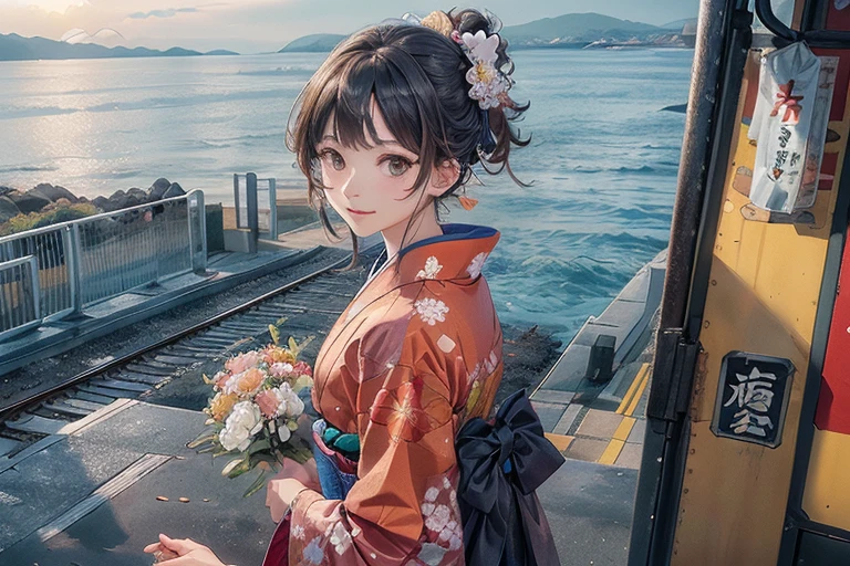 Train platform with ocean view,(Enoshima Electric Railway),((Shichirigahama Station)),Holding a bouquet, With flowers, Wearing a colorful yukata, (Wear a rainbow-colored kimono),One cute girl, (masterpiece, Highest quality, Official Art, Very detailed CG ユニティ 8k 壁紙), Very detailed), japanese related, Eyes on the Flower,(In kimono), A gentle gaze,Happy looking mouth,