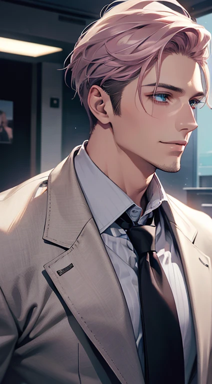 (Highest quality,4K,8K,High resolution,masterpiece:1.2),Super detailed,(Realistic,photoRealistic,photo-Realistic:1.37),1 person,31 years old,Mature Men,Beautiful skin、Profile、very handsome,Expressionless,smile,Short gray pink hair,blue eyes,Sharp Eyes,A perfect face without a doubt,Businessman,Office Background,Cinema Lighting,HDR image,tie、