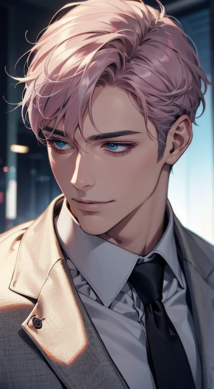 (Highest quality,4K,8K,High resolution,masterpiece:1.2),Super detailed,(Realistic,photoRealistic,photo-Realistic:1.37),1 person,31 years old,Mature Men,Beautiful skin、Profile、very handsome,Expressionless,smile,Short gray pink hair,blue eyes,Sharp Eyes,A perfect face without a doubt,Businessman,Office Background,Cinema Lighting,HDR image,tie、