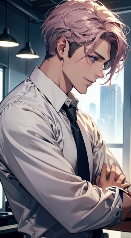 (Highest quality,4K,8K,High resolution,masterpiece:1.2),Super detailed,(Realistic,photoRealistic,photo-Realistic:1.37),1 person,31 years old,Mature Men,Beautiful skin、Profile、very handsome,Expressionless,smile,Short gray pink hair,blue eyes,Sharp Eyes,A perfect face without a doubt,Businessman,Office Background,Cinema Lighting,HDR image,tie、