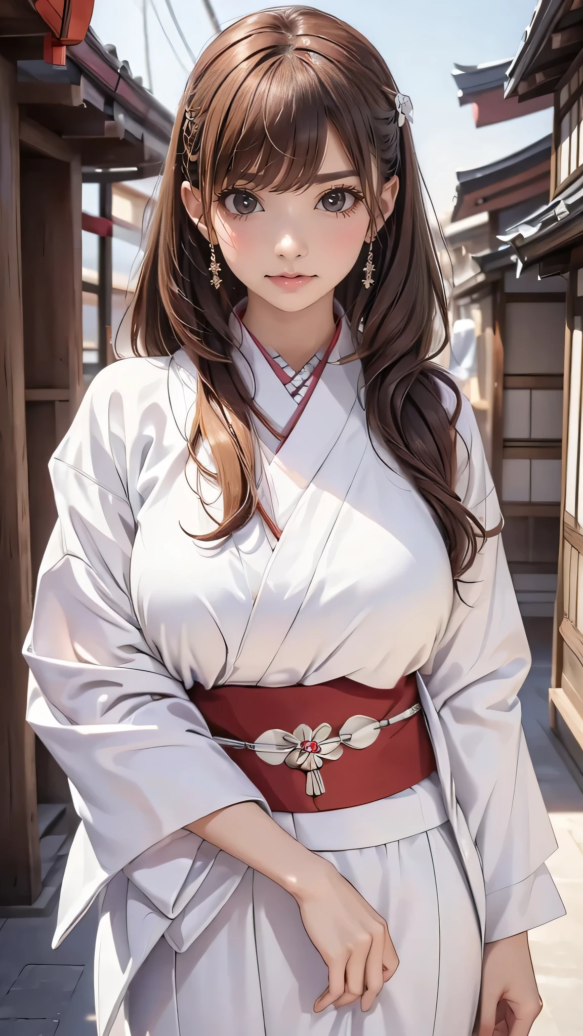 ((looking at viewer:1.5)),((1girl:1.5),curvy,,beautiful breasts,large breasts,pale skin,(erect nipples)),((long hair),(thin hair:1.8),(straight hair:1.5),(Swept bangs:1.5),(extra light coppery amber hair:1.5),(hair over one eye:1.2)),((realistic),8k,ultra HD,high resolution,best quality,masterpiece,(Sense of presence:1.5),(Dynamic:1.5),(bold:1.5)),((clothed:1.5),(white japanese clothes:1.5))