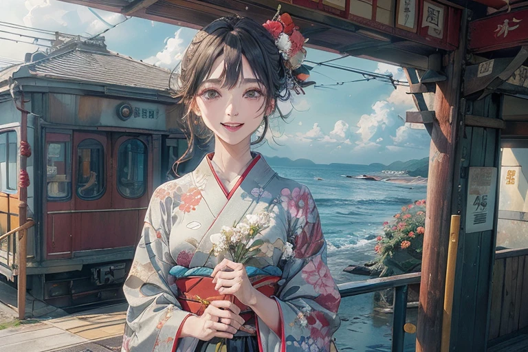 Train platform with ocean view,(Enoshima Electric Railway),((Shichirigahama Station)),Holding a bouquet, With flowers, Wearing a colorful yukata, (Wear a rainbow-colored kimono),One cute girl, (masterpiece, Highest quality, Official Art, Very detailed CG Unity 8k wallpaper), Very detailed), japanese related, Eyes on the Flower,(in kimono), A gentle gaze,Happy looking mouth,