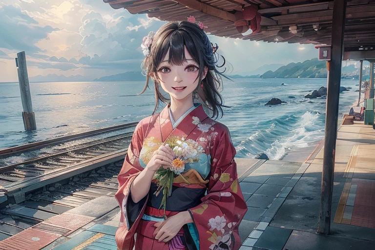 Train platform with ocean view,(Enoshima Electric Railway),((Shichirigahama Station)),Holding a bouquet, With flowers, Wearing a colorful yukata, (Wear a rainbow-colored kimono),One cute girl, (masterpiece, Highest quality, Official Art, Very detailed CG Unity 8k wallpaper), Very detailed), japanese related, Eyes on the Flower,(in kimono), A gentle gaze,Happy looking mouth,