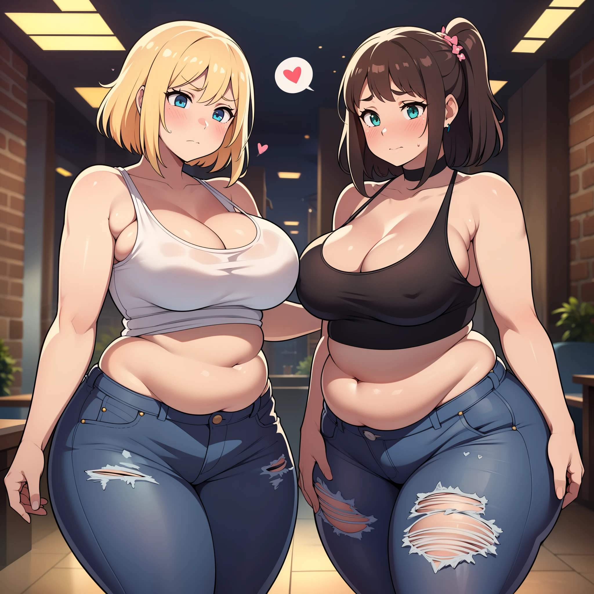 ((Masterpiece)), perfect anatomy, perfect shading, field of depth, (best quality), extremely delicate and beautiful, perfect lighting, detailed face, ultra cute face, cute, (cowboy shot 1.2), full body, (((2girls))), ((2 girls 1 and 2))
Girl 1: has long hair, fluffy hair, blonde hair, blue eyes, ((blush)), embarrassed (crop top 1.2), (jean shorts 1.2), chocker, extremely tight clothes, medium breasts, cleavage, perky breasts, ((wide hips)), (thick thighs), (chubby), pudgy belly, fat rolls, belly hang,
Girl 2: has short hair, fluffy hair, brown hair, green eyes, ((blush)), embarrassed, (white tank top 1.2), (jeans 1.2), chocker, extremely tight clothes, medium breasts, cleavage, perky breasts, (((wide hips))), ((thick thighs)), (plump), chubby belly, fat rolls, belly hang, she has a jiggly belly,
Fast food restaurant, intricate background, detailed background, girls are standing next to each other, (spoken heart),