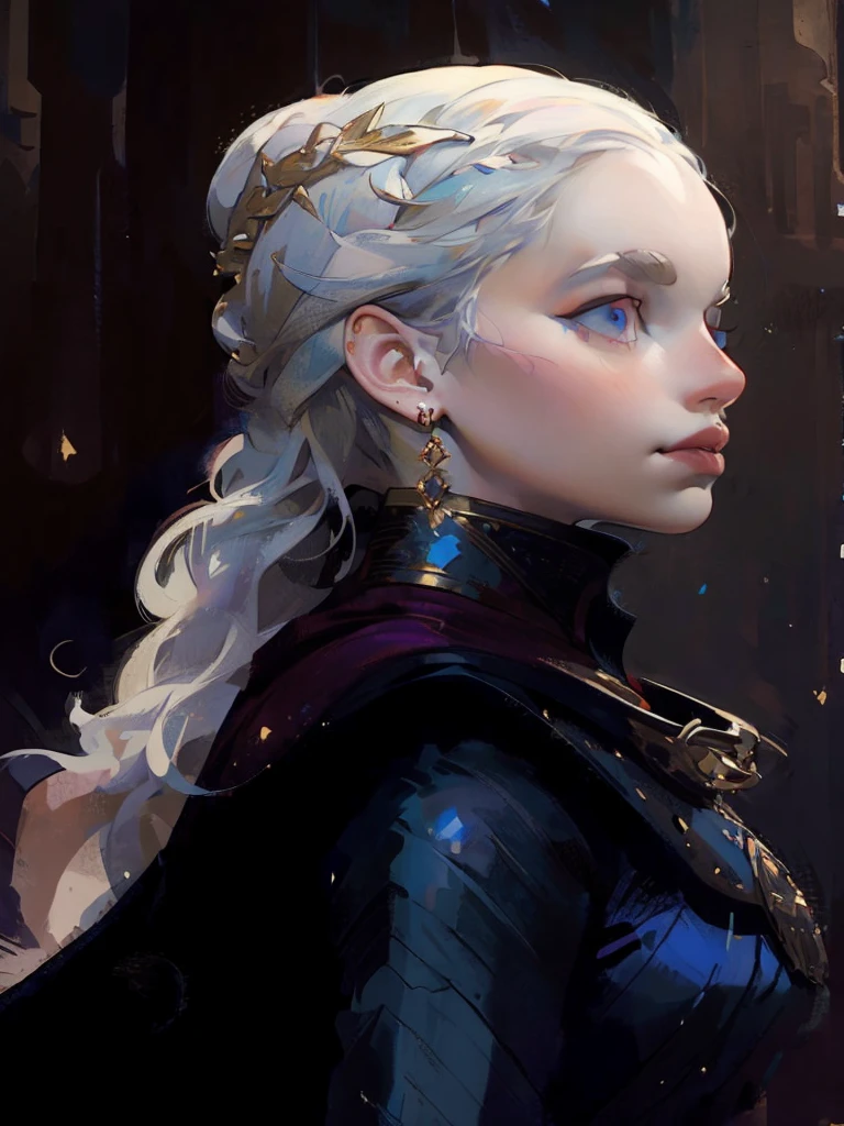 Portrait of proud beautiful albino woman with detailed braided medieval hairstyle (white hair), wearing detailed medieval gown (red and black colours), with gold accessories and gold tiara, medieval queen, medieval woman,queen,game of thrones style,daenerys targaryen style, high quality, very detailed,hd quality, masterpiece,(purple eye colour)