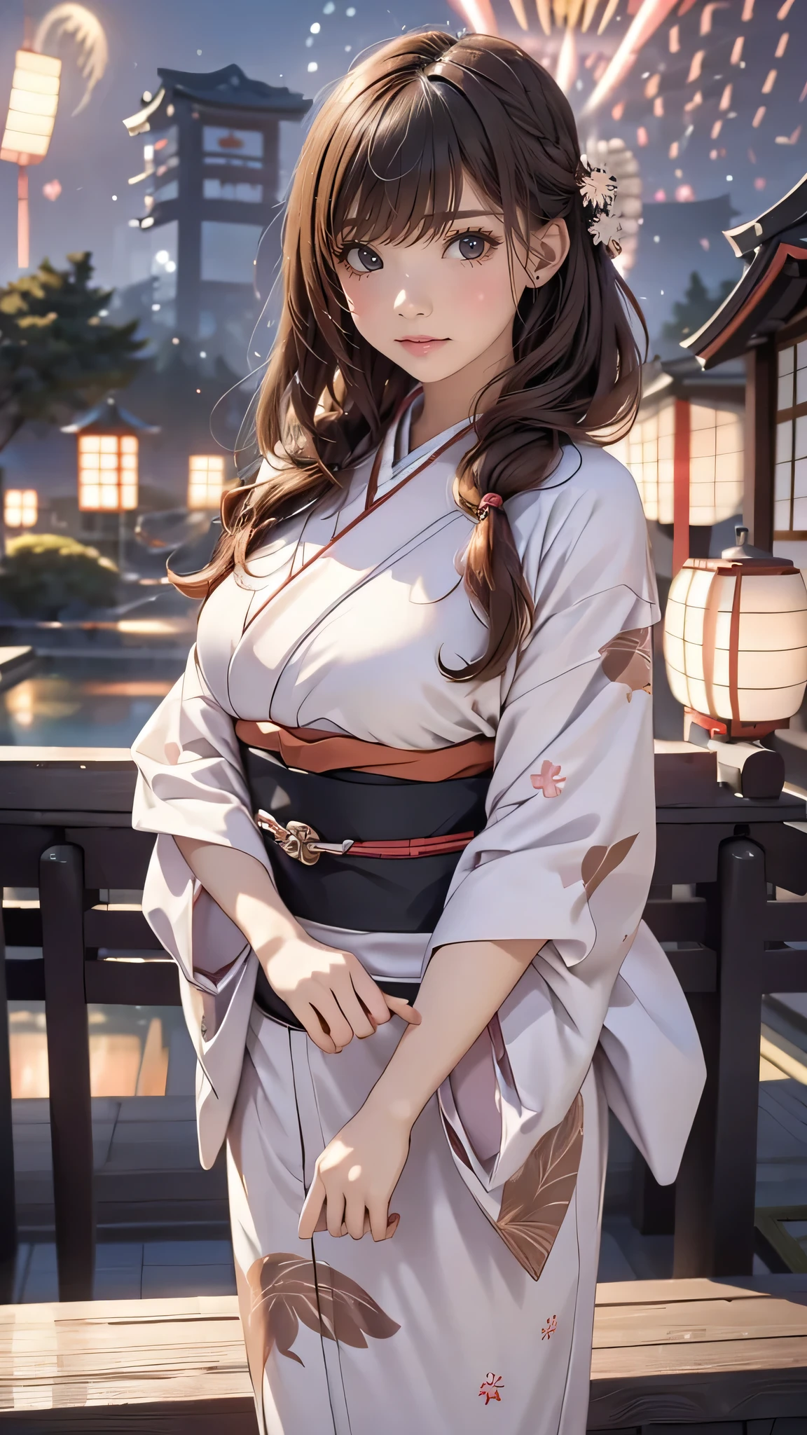 ((looking up at the fireworks:1.5)),((1girl:1.5),curvy,,beautiful breasts,large breasts,pale skin,(erect nipples)),((long hair),(thin hair:1.8),(straight hair:1.5),(Swept bangs:1.5),(extra light coppery amber hair:1.5),(hair over one eye:1.2)),((realistic),8k,ultra HD,high resolution,best quality,masterpiece,(Sense of presence:1.5),(Dynamic:1.5),(bold:1.5)),((clothed:1.5),(japanese clothes:1.5))