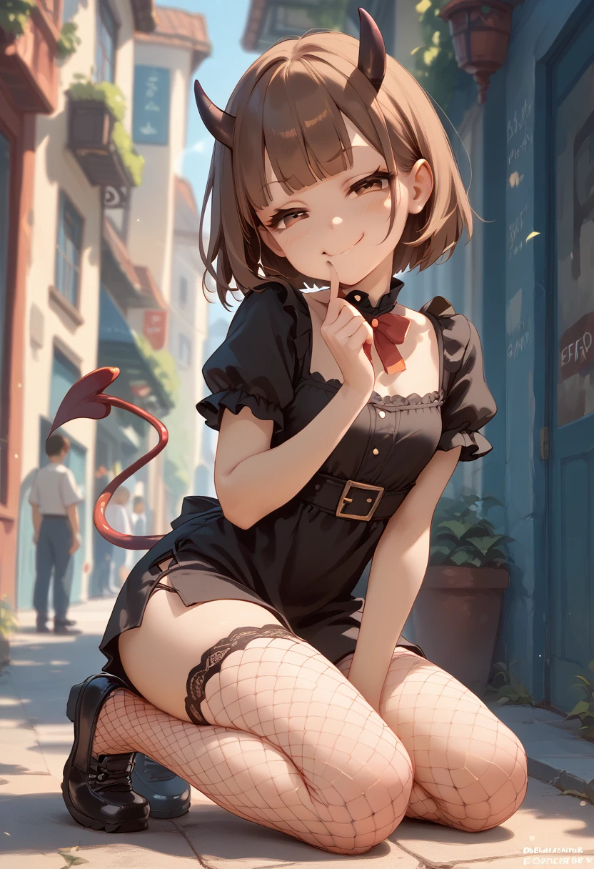 A short woman with straight, brown hair and a bob haircut with fringe, flushed cheeks, short black dress, net stockings, black shoes, smug smile, brown eyes and small demon horns