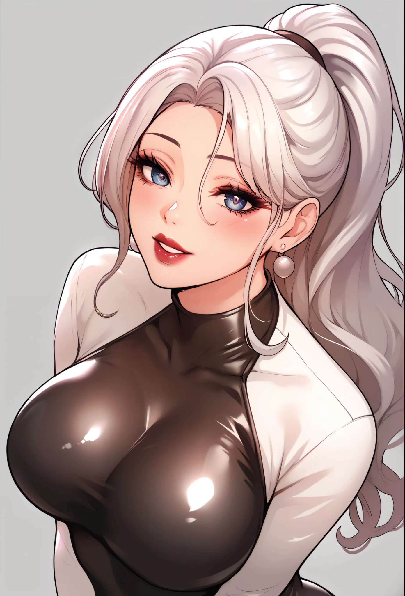 score_9, score_8_up, score_7_up, score_6_up, score_5_up, score_4_up, yu hee, blue eyes, white hair, large breasts,drop dangle earrings,long earrings,red lipstick , detailed eyes , ponytail ,full body covered with latex suit 