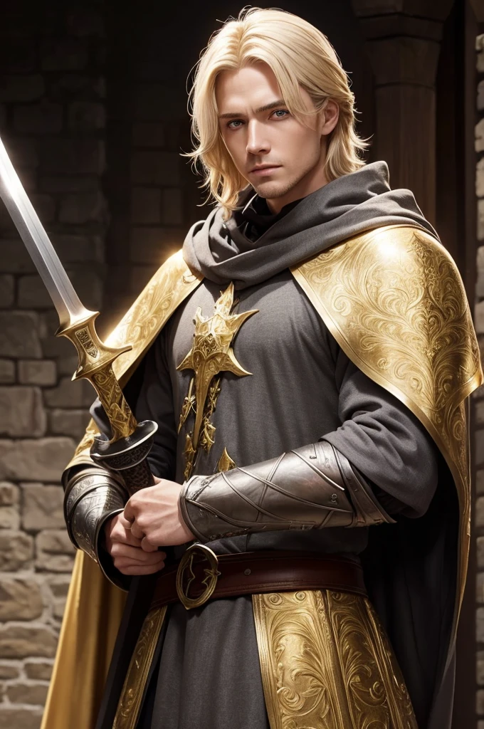 Medieval man with gray cloak, holding a sword with golden shine. This man has medium blond hair and his eyes shine golden like the sun..