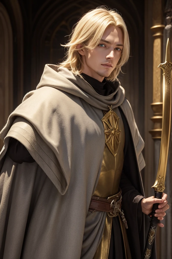 Medieval man with gray cloak, holding a sword with golden shine. This man has medium blond hair and his eyes shine golden like the sun..