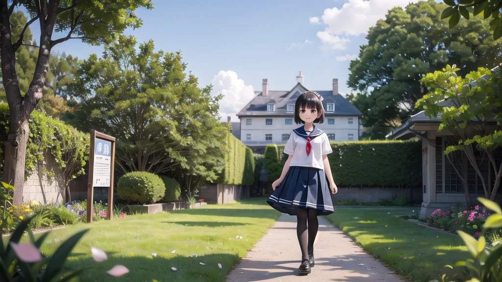 (masterpiece), town, blue sky, One Girl, smile, alone, Sailor suit、Long skirt, Overgrown, petal, plant、Skirt lining、Translucent slip、nostalgic、Black Pantyhose
