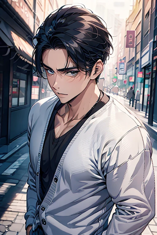 (Best Quality,4k,8k,high resolution,Masterpiece:1.2),ultra detailed,(realist,photorealist,photo-realist:1.37),1 man,31 years,mature man,very handsome,without expresion,muscled body,short gray black hair,Blue eyes,glare,perfect face without mistakes,imposing posture,businessman,office background,cinematic lighting,imagen HDR