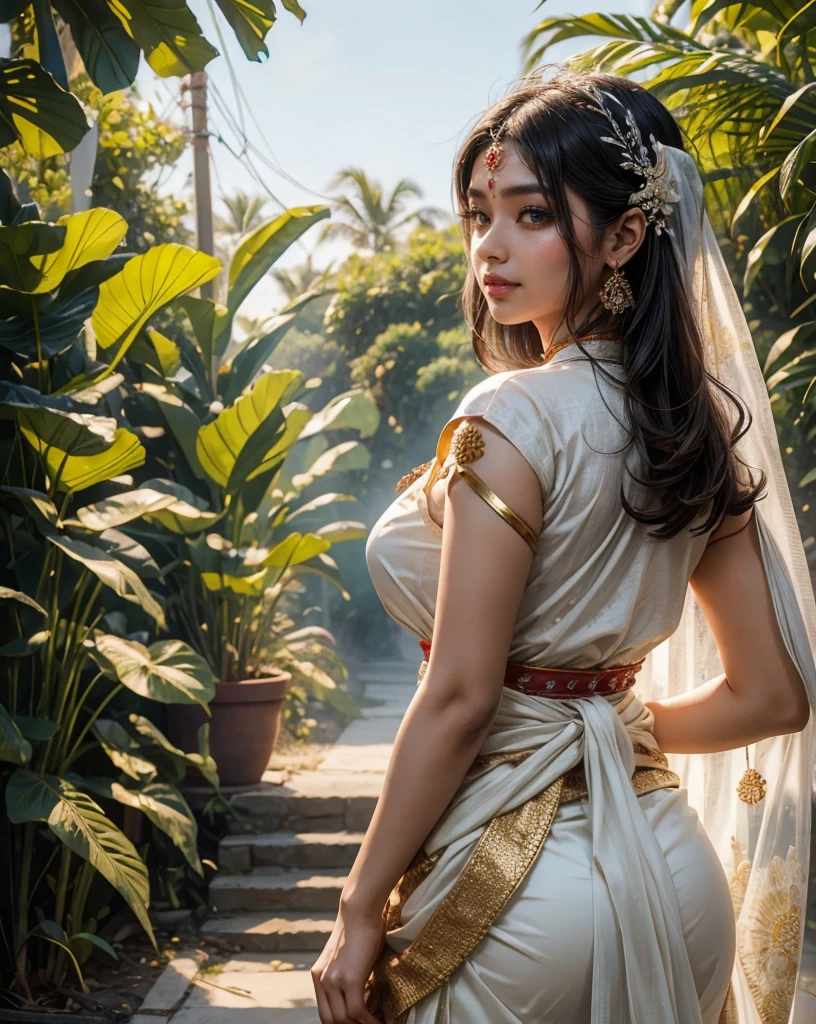 a woman with a flower in her hair, indian girl, front view, big huge , mini white skirt, sakimi chan, yami kawaii, 1, kimi takemura, thick bow, streaming on twitch, meg kimura, backshot, studio kai, ayaka, patreon content, takada akemi, bangkuart, electrixbunny, very round, indian idol, bian luan a woman in a white sari, beautiful smile, indian goddess, assamese aesthetic, wearing bihu dress mekhela sador, sari, madhubani, traditional beauty, dayanita singh, beautiful model girl, nakolki, wearing sari, assamese, gold madhubani, silver white details, white color scheme, japandi, background: assam tea garden