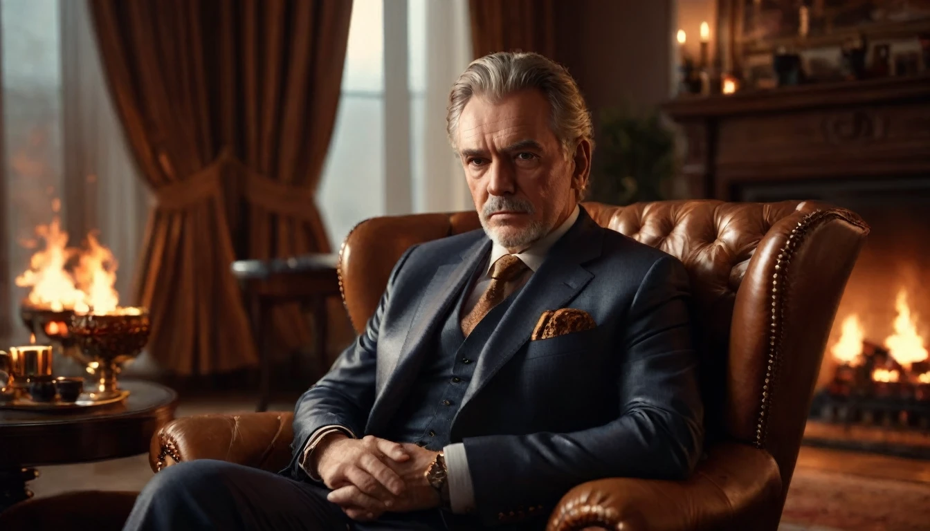 a wide shot of a luxurious room, decorated in warm tones, lit only by the glow of the crackling fireplace. a middle aged man, well dressed and with a serious expression, is sitting in a leather armchair. He looks into the camera with eyes that reveal deep pain , PICTURE REALISTIC, high resolution, 8k