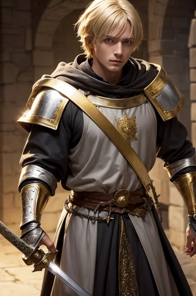 Medieval man with gray cloak, holding a sword with golden shine. This man has short blonde hair and his eyes shine golden like the sun.. His sword is a medieval one from the crusades but has an unparalleled shine like a golden fire coming out of the metallic fibers..