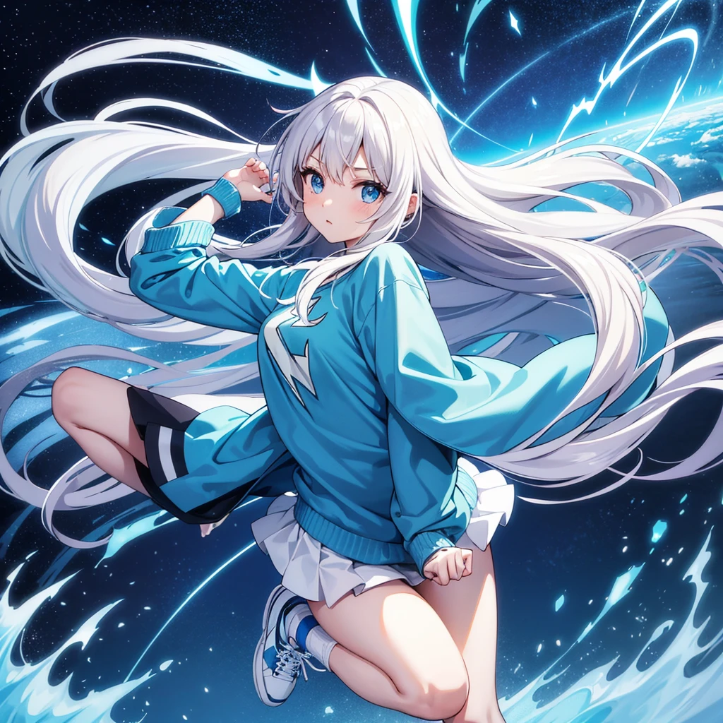 Light blue long hair、Twin-tailed Girl, Flowing hair and expressive eyes, Against a vibrant blue sky. She is wearing an oversized jacket, Casual T-shirts, and short skirt, Complement with sneakers. Lightning from the sky、 A flash of light runs、Face Highlights、The girl is depicted in an action pose, Release your energy and sense of adventure, A gentle breeze blows through her hair.