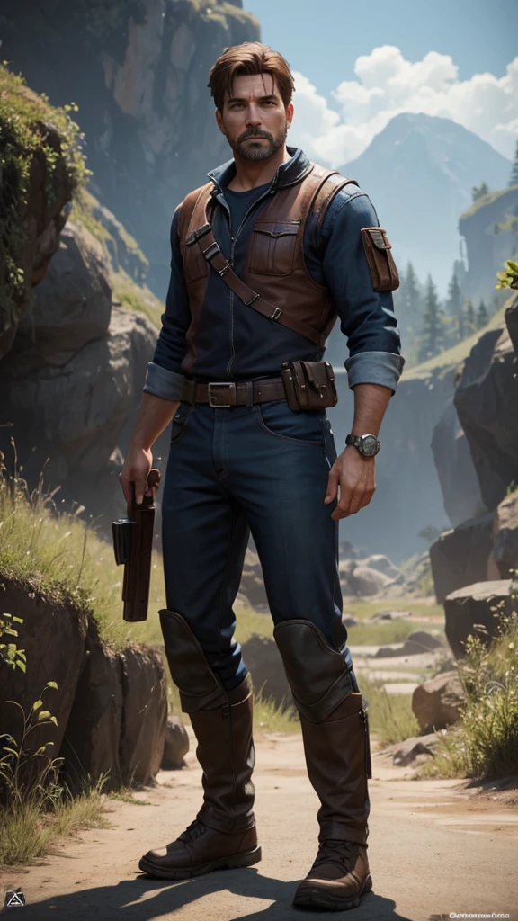 "Create a realistic full body image of the character Steve from the game 'Sunset Riders'. Steve is a blond-haired cowboy who wears a pink cowboy hat with a yellow band., a long-sleeved yellow shirt with white details, a pink vest, yellow pants and brown boots with golden spurs. He has a white scarf tied around his neck and a leather belt with double holsters where he keeps his pistols.. Steve is leaning slightly forward, with their legs open and their hands resting on their pistols, soon to take out. The color palette is vibrant and striking, typical of 90s arcade games."