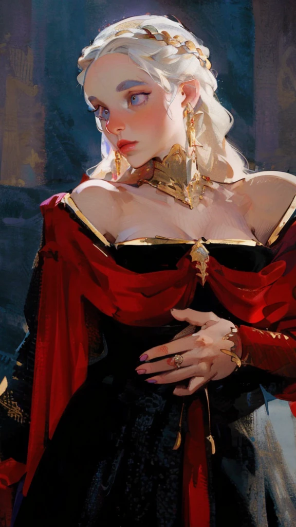 Portrait of proud beautiful albino woman with detailed braided medieval hairstyle (white hair), wearing detailed medieval gown (red and black colours), with gold accessories and gold tiara, medieval queen, medieval woman,queen,game of thrones style,daenerys targaryen style, high quality, very detailed,hd quality, masterpiece,(purple eye colour)