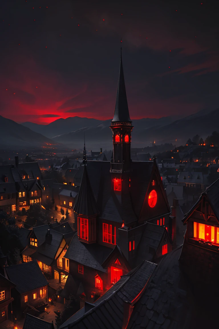 old European village shot with bird view, (Red glowing eyes), masterpiece, Depth of written boundary, Lutz, Gwaites style artwork, Gothic aesthetics, Dark Vampire village, ((in the dark gothic style cathle:1)), ((dark mid-night time:1.5)),