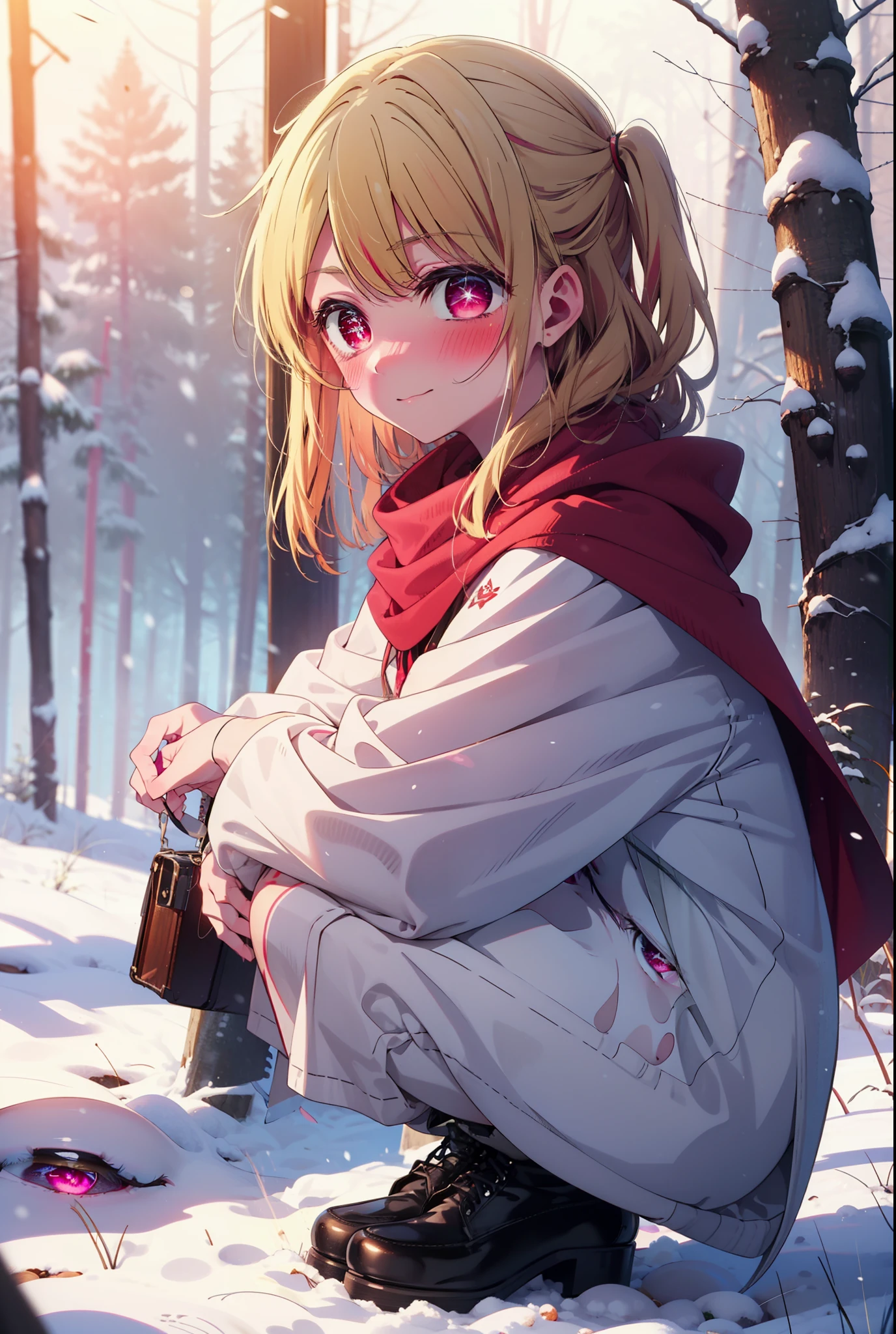 rubyhoshino, Hoshino Ruby, Long Hair, bangs, blonde, (Pink Eyes:1.3), Side Lock, (Symbol-shaped pupil:1.5), Multicolored Hair, Two-tone hair, smile,,smile,blush,white breath,
Open your mouth,snow,Ground bonfire, Outdoor, boots, snowing, From the side, wood, suitcase, Cape, Blurred, , forest, White handbag, nature,  Squat, Mouth closed, Cape, winter, Written boundary depth, Black shoes, red Cape break looking at viewer, Upper Body, whole body, break Outdoor, forest, nature, break (masterpiece:1.2), Highest quality, High resolution, unity 8k wallpaper, (shape:0.8), (Beautiful and beautiful eyes:1.6), Highly detailed face, Perfect lighting, Highly detailed CG, (Perfect hands, Perfect Anatomy),