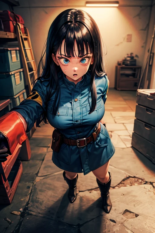 masterpiece, Highest quality,  Unreal Engine,  Super Resolution,  Very detailed, 

Beautiful woman, May, alone, uniform, Black Hair, boots, gloves, military, military uniform, Long Hair, iris, belt, coat, Black background, Simple Background, whole body, blunt bangs, bangs, Long Black Hair, Vivid expression, Healthy Body, Beautifully detailed sweat glands, Smooth skin texture, Carefully drawn,

(humidity:1.2), Beautiful Eyes, (Attractive face:1.2), (Beautiful Skin), (Big Breasts), Puffy nipples, Sticky with sweat, In a dynamic pose,

In the world of Dragon Ball, indoor, In the basement, 