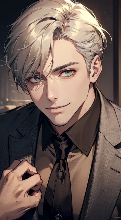 ((a mature man, very handsome, smile in love, short grey golden hair, green eyes, perfect face without errors)), ((buttoning the jacket, CEO)), (best quality, masterpiece, 8K, photorealistic, cinematic lighting, hdr image, ultra detailed, beautiful image), (portrait, detailed facial features, intricate textures, realistic skin tones, highly detailed, ultra-realistic), (warm lighting, soft shadows, dramatic lighting), (muted color palette, rich tones), (professional photography, high resolution, studio lighting)