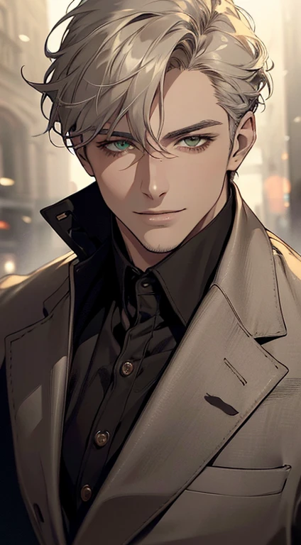 ((a mature man, very handsome, smile in love, short grey golden hair, green eyes, perfect face without errors)), ((buttoning the jacket, CEO)), (best quality, masterpiece, 8K, photorealistic, cinematic lighting, hdr image, ultra detailed, beautiful image), (portrait, detailed facial features, intricate textures, realistic skin tones, highly detailed, ultra-realistic), (warm lighting, soft shadows, dramatic lighting), (muted color palette, rich tones), (professional photography, high resolution, studio lighting)