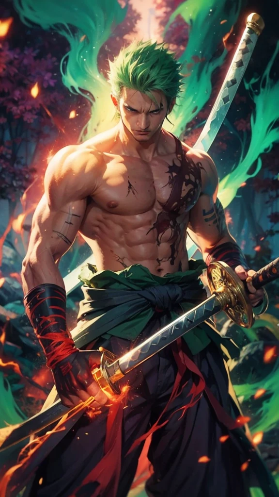 Wide eyes with black pupil, eyes on front, Green hair , swordsman, roronoa zoro, bulky body , realistic sword, beautiful eyes, clean face, broad laugh, green kimono, fire gloves,