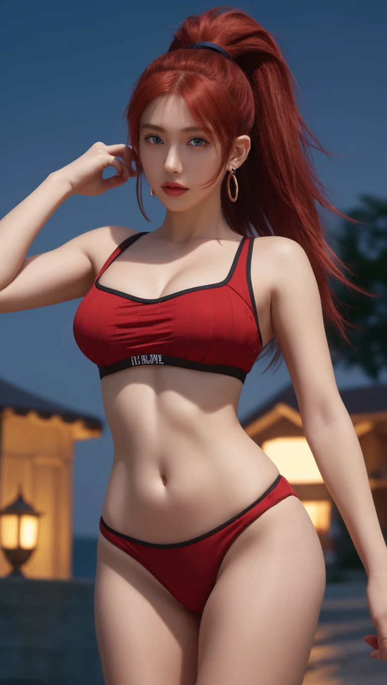 Close-up shot of beautiful korean female, 38 inch chest size, red hair, glasses, wearing gray thin-strapped tanktop with deep side cuts, and light gray underwear, sweat glistening on her body, star shape necklace, kneeling in front of the camping fire, night, UHD, realistic, masterpiece, camera leica, ray tracing