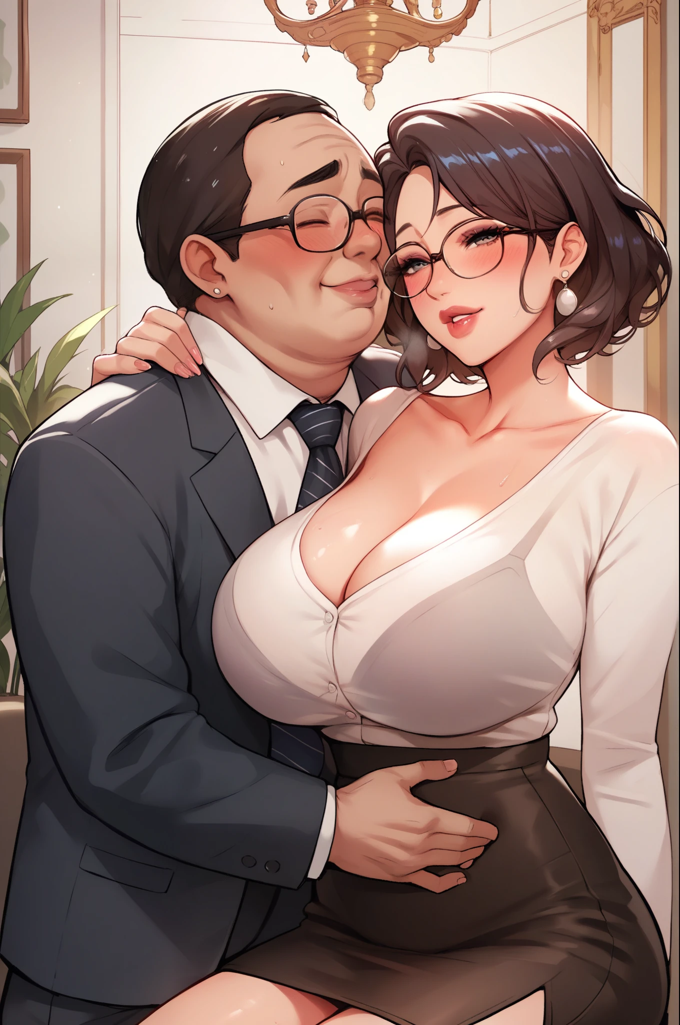 Hot sexy beautiful cute milf hugging with ugly fat old man in office cabin ,brown see through t shirt,black pencil skirt, silver chandelier earrings,big breasts,  lipstick,makeup, black,two falling hair strands,blush,short hair , glasses 