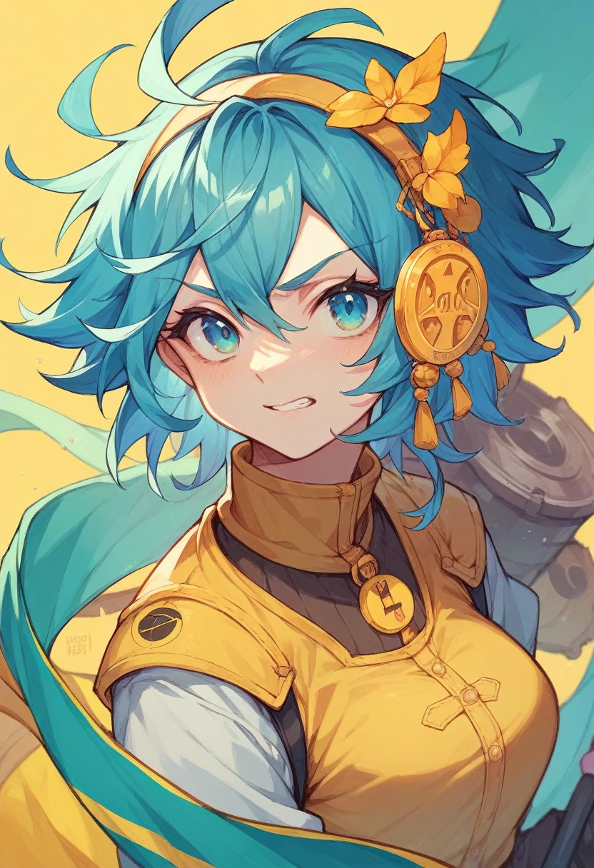 cyan color flag with yellow symbols