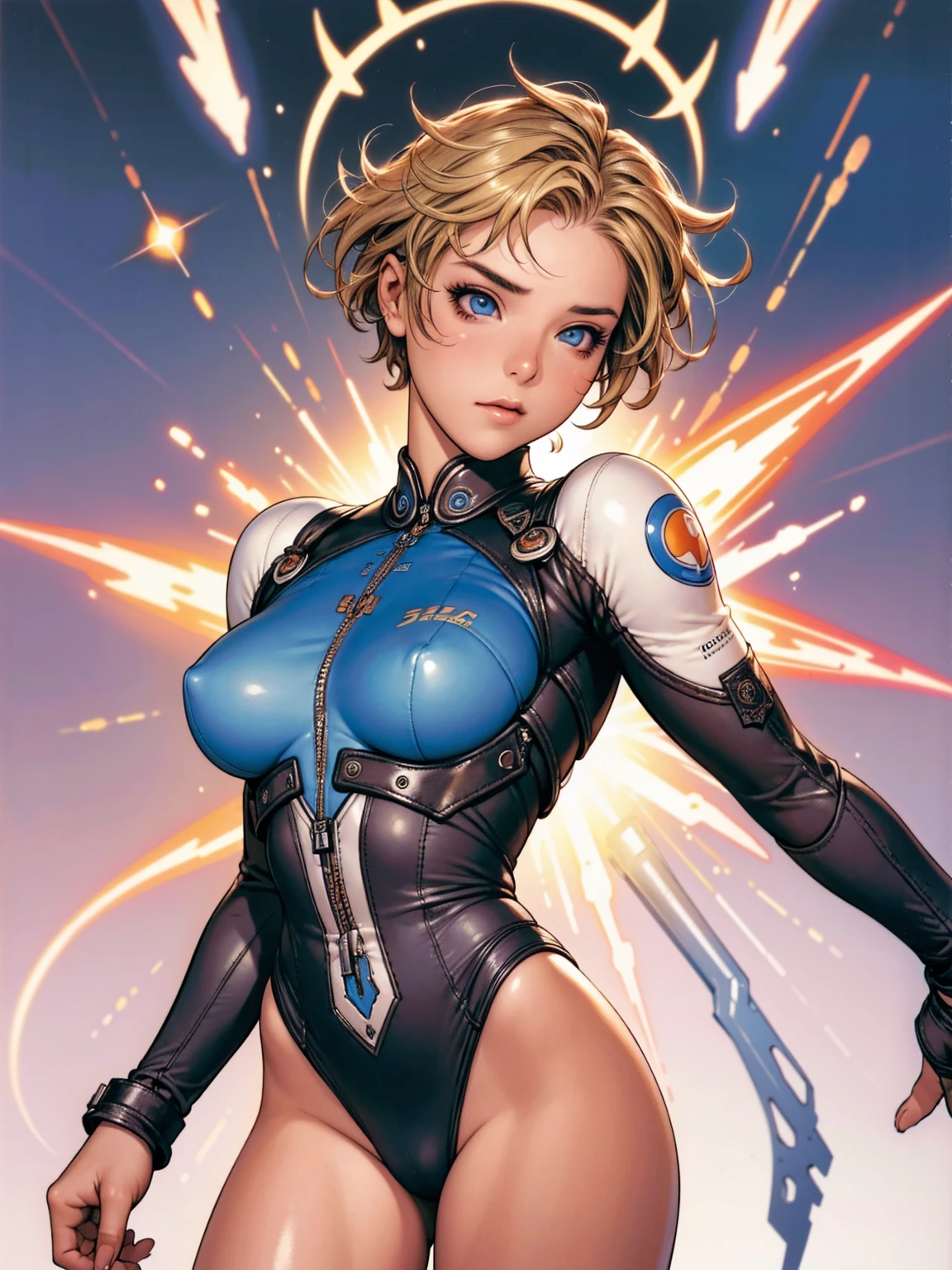 ((best qualityer)), ((work of art)), (detailded: 1.4), (absurdrez), Stefania Ferrario as fighter pilot ready for war, White leather cyberpunk clothes, with spectacular abstract designs, color explosion, cosmic tattoo, nebula, defined muscular sculptural body, all-body, half thick bare thighs, cloused mouth, body covered in cyberpunk technological clothing, generous neckline, ((perfect medium )), (super clear blue eyes), ((white and orange clothes)), (((short blonde hair)))), long black eyelashes heavy makeup, League of Love, private--V5, close to real, psychopath, crazy face, pose sexy, ftal background, 2 piece outfit, cake, centred, scale to fit dimensions, HDR (high-range dynamics),ray tracing,nvidia RTX,Super-resolution,Irreal 5, underground dispersal, PBR Texture, Post-processing, Anisotropic filtering, Depth of field, Maximum clarity and sharpness, Multilayer textures, Albedo and Mirror Maps, Surface shading, Accurate simulation of light-material interactioproportions, octane rendering, two tone lighting, large aperture, Low ISO, White balance, rule of thirds, 8k cru, traje cristiano 
