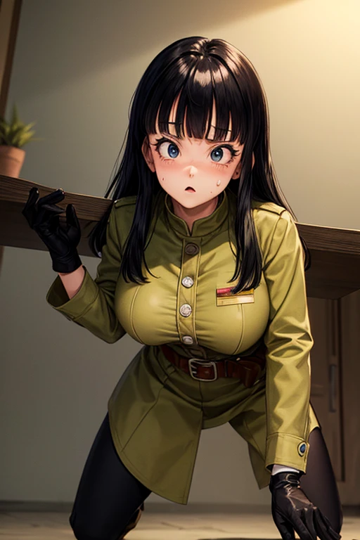 masterpiece, Highest quality,  Unreal Engine,  Super Resolution,  Very detailed, 

Beautiful woman, May, alone, uniform, Black Hair, boots, gloves, military, military uniform, Long Hair, iris, belt, coat, Black background, Simple Background, whole body, blunt bangs, bangs, Long Black Hair, Vivid expression, Healthy Body, Beautifully detailed sweat glands, Smooth skin texture, Carefully drawn,

(humidity:1.2), Beautiful Eyes, (Attractive face:1.2), (Beautiful Skin), (Big Breasts), Puffy nipples, Sticky with sweat, In a dynamic pose,

In the world of Dragon Ball, indoor, In the basement, 