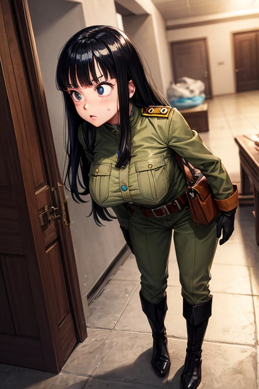 masterpiece, Highest quality,  Unreal Engine,  Super Resolution,  Very detailed, 

Beautiful woman, May, alone, uniform, Black Hair, boots, gloves, military, military uniform, Long Hair, iris, belt, coat, Black background, Simple Background, whole body, blunt bangs, bangs, Long Black Hair, Vivid expression, Healthy Body, Beautifully detailed sweat glands, Smooth skin texture, Carefully drawn,

(humidity:1.2), Beautiful Eyes, (Attractive face:1.2), (Beautiful Skin), (Big Breasts), Puffy nipples, Sticky with sweat, In a dynamic pose,

In the world of Dragon Ball, indoor, In the basement, 