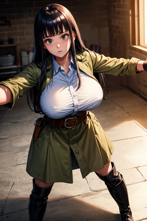 masterpiece, Highest quality,  Unreal Engine,  Super Resolution,  Very detailed, 

Beautiful woman, May, alone, uniform, Black Hair, boots, gloves, military, military uniform, Long Hair, iris, belt, coat, Black background, Simple Background, whole body, blunt bangs, bangs, Long Black Hair, Vivid expression, Healthy Body, Beautifully detailed sweat glands, Smooth skin texture, Carefully drawn,

(humidity:1.2), Beautiful Eyes, (Attractive face:1.2), (Beautiful Skin), (???????????), Puffy ???????, Sticky with sweat, In a dynamic pose,

In the world of Dragon Ball, indoor, In the basement, 